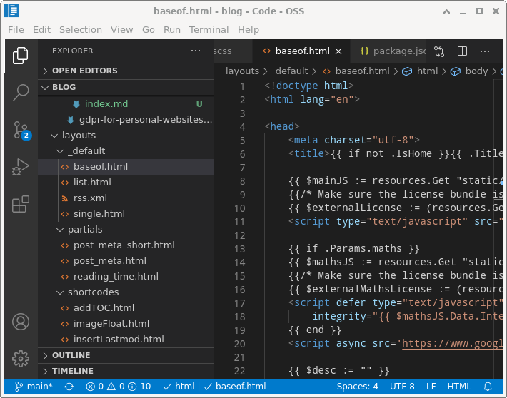 Screenshot of Visual Studio Code with blog source
code open